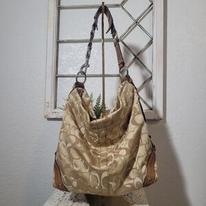 Vintage COACH Signature Carly Hobo F13991 Canvas Shoulder Bag Tan Brown Like New